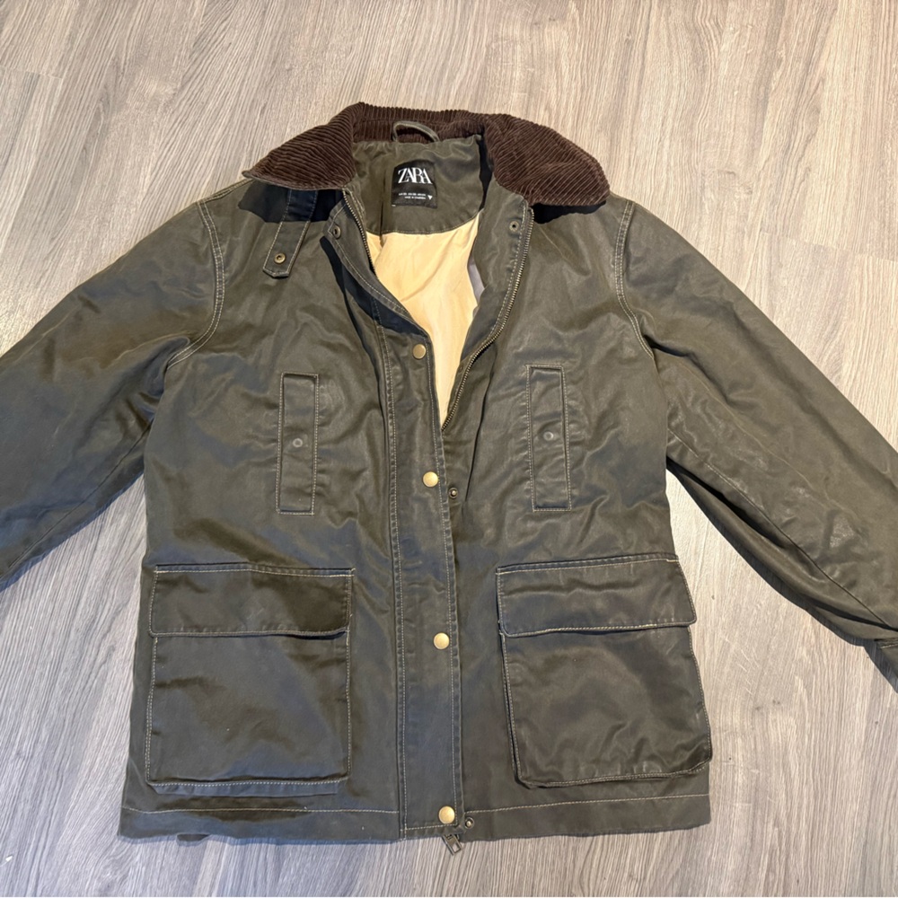 Zara Olive Utility Jacket with Brown Collar